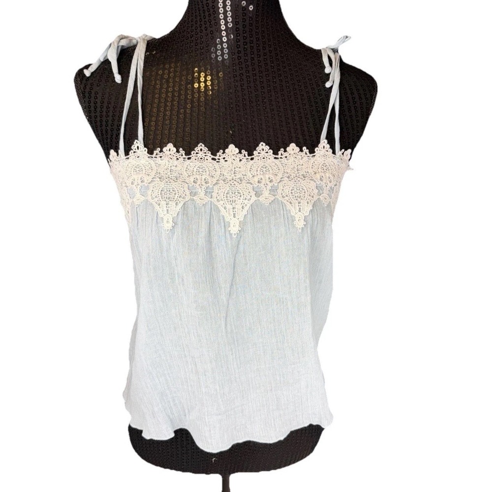 Línea Donatella Baby Blue Top Lace Tie Strap Shoulder Cami Boho Whimsy Prairie - Picture 1 of 9